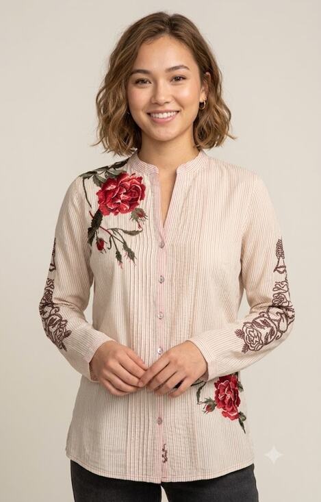 Johnny Was Tops - Johnny Was 3J Workshop Attico Rose Embroidery Pinstripe Shirt Cream Red Medium